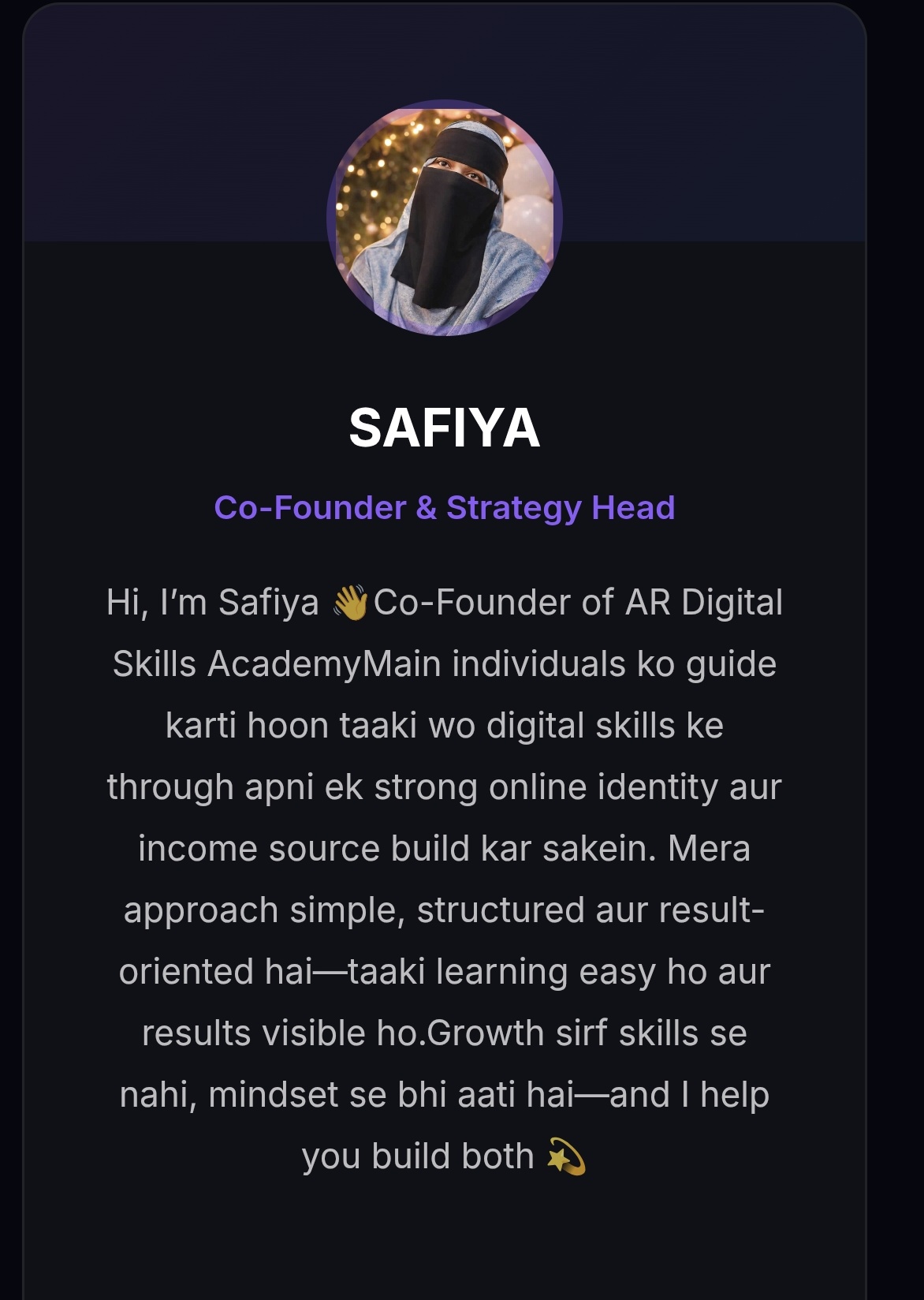 Safiya, Co-Founder & Strategy Head of ARDIGITALSKILLS ACADEMY