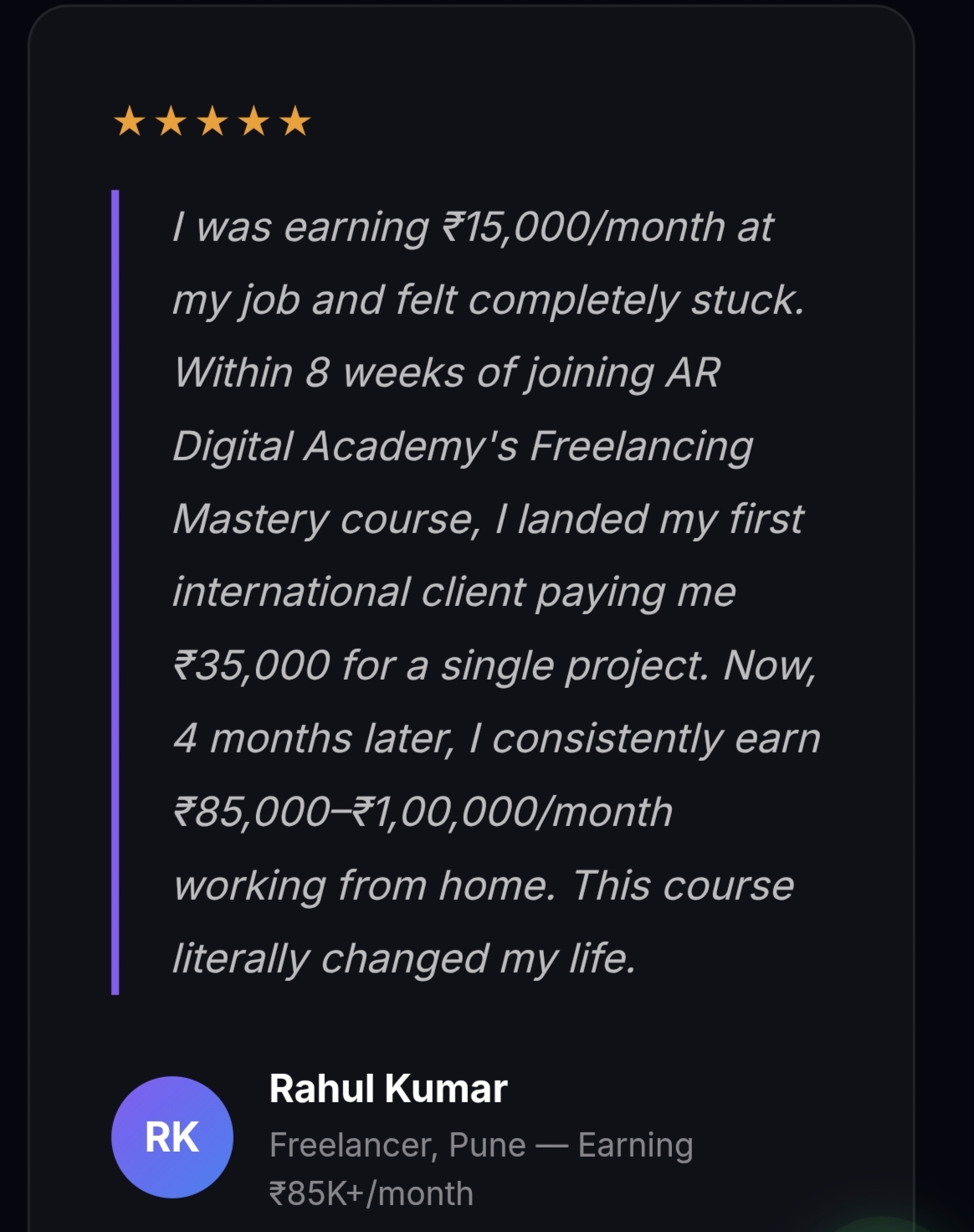 5-star review from Rahul Kumar, Freelancer, Pune